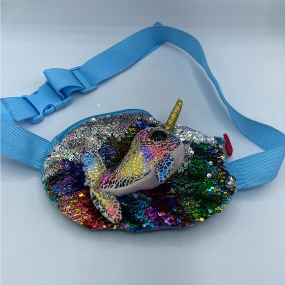 TY Blue Sequined Narwal Belt Bag Fanny Pack Glitter Belt Bag Sparkle - Picture 1 of 8